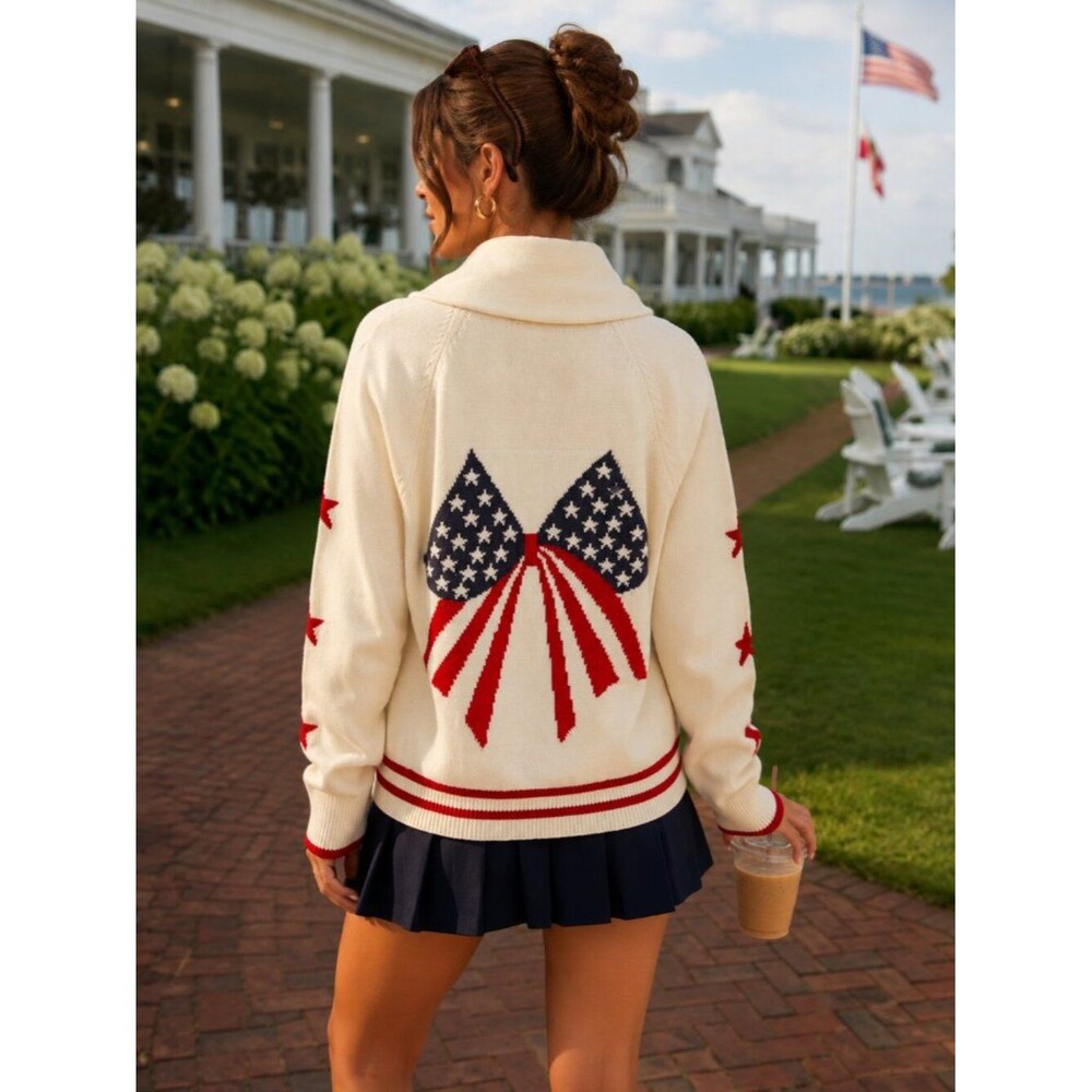 Americana Bow Cream knit Shawl cardigan star red accents Cozy Coastal Preppy L